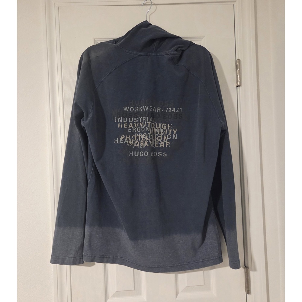 HUGO BOSS Workwear Hooded Pullover Blue Wash Industrial Graphic Gorpcore XL